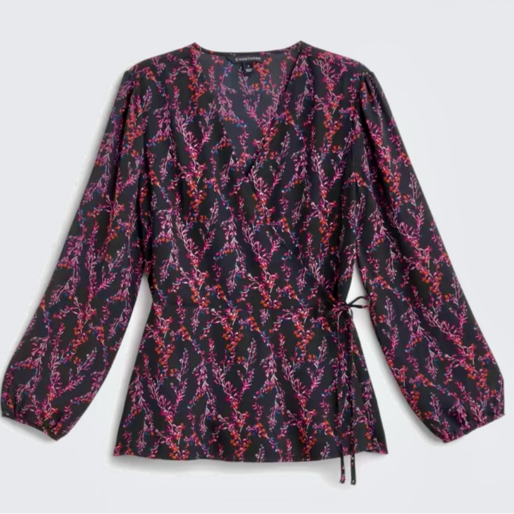 41 Hawthorn Navy and Pink Floral Tie Wrap Blouse - Size Large